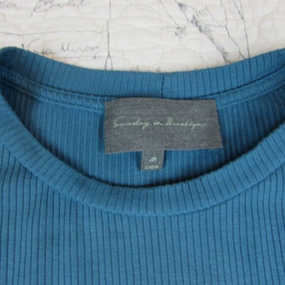 Anthropologie Sunday in Brooklyn Womens Puff Slv ruffle contrast teal top M - Picture 8 of 11